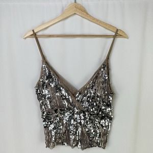 Zara Sequin Cami Crop Tank Top Silver Scales Mesh V-Neck Stretch S